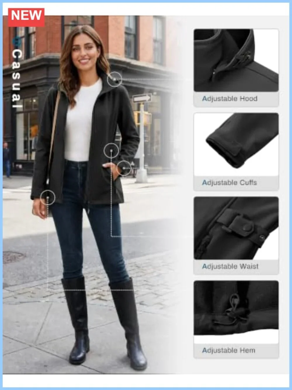 Women's Fleece Lined Waterproof Rain Jacket Softshell Coat with Removable Hood